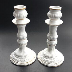 2 Candleholders Candlesticks White with Gold Neoclassical UGO ZACCAGNINI Style